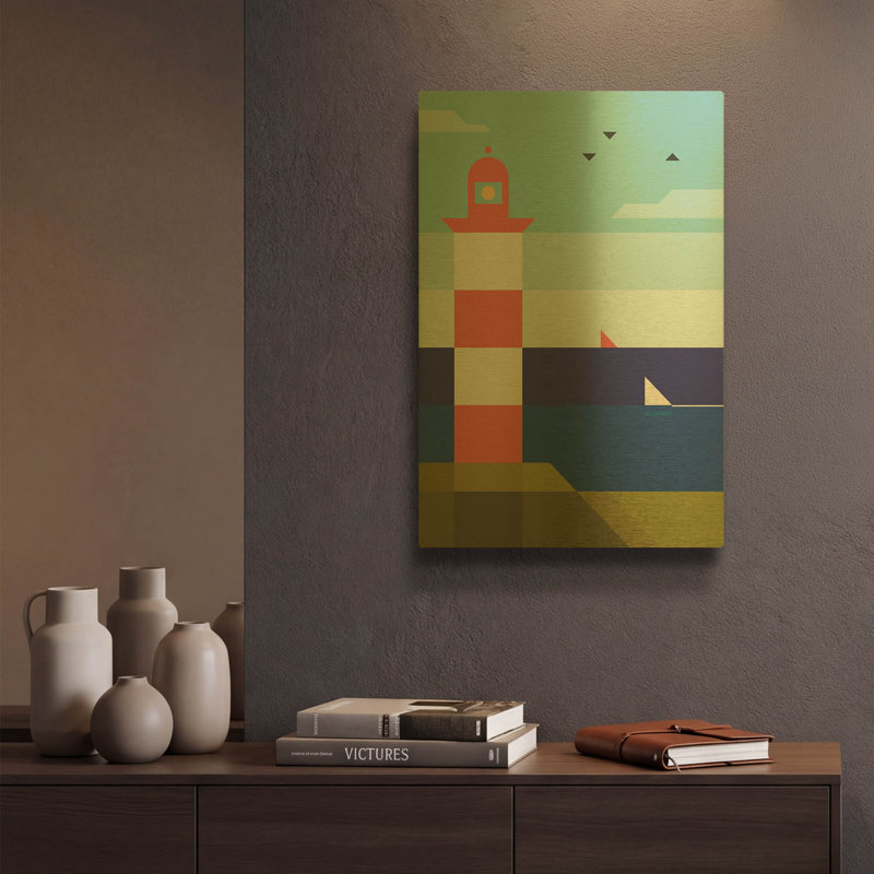  «Lighthouse» par Antony Squizzato, art mural en métal doré, 12 po x 16 po, 12"x16"
