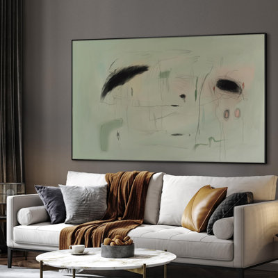 Très grande reproduction d'art sur toile - Abstrait minimaliste noir sur fond vert pâle pour le salon ou la chambre à coucher - «Assemblage requis du cadre (cadre non fini)»