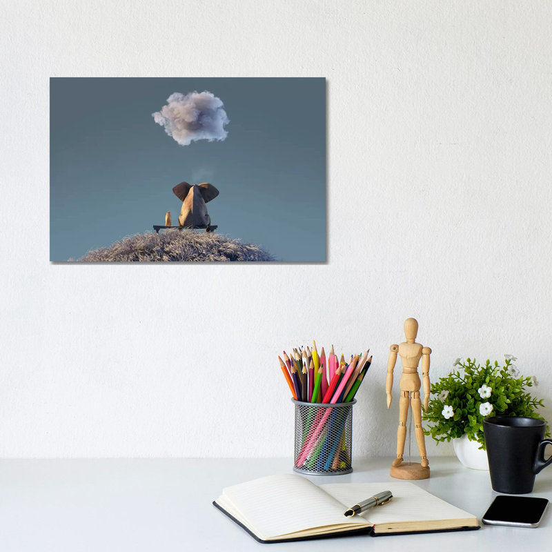 Elephant And Dog Are Sitting In The Autumn Meadow by Mike Kiev - Wrapped Canvas Print, 20.32 cm H x 30.48 cm W