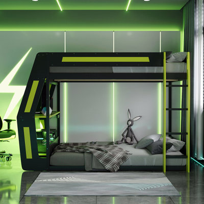 Structure de lit superposé pleine grandeur avec bureau surdimensionné à fixation latérale, avec ports de charge USB et œillets de câble, avec bande d'éclairage à DEL, cadre de loft Esports robuste - Design frais - vert