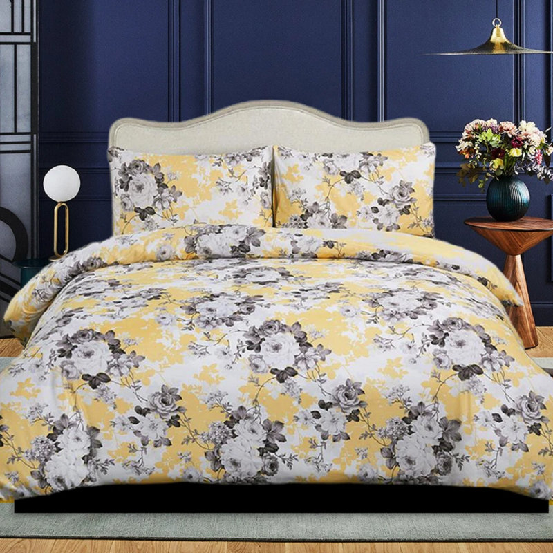 Cotton Blend Duvet Cover Set with Pillowcases, Double Duvet Cover Set + 2 Standard Pillowcases, Gold Vintage Look