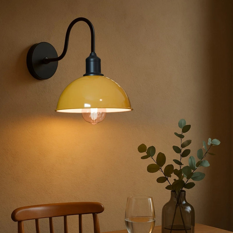 Modern Industrial Vintage Dome Wall Sconce – Fixed Curved Arm Metal Light for Bedroom, Hallway, Living Room, and Office., No
