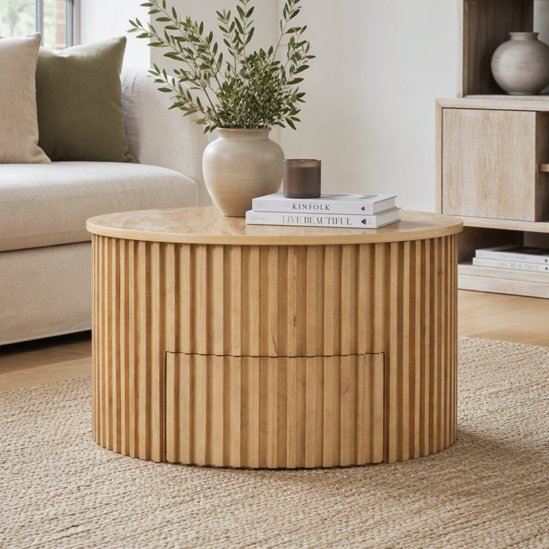 Table basse ronde à plateau relevable, table d'appoint moderne en bois cannelé avec rangement caché pour le salon