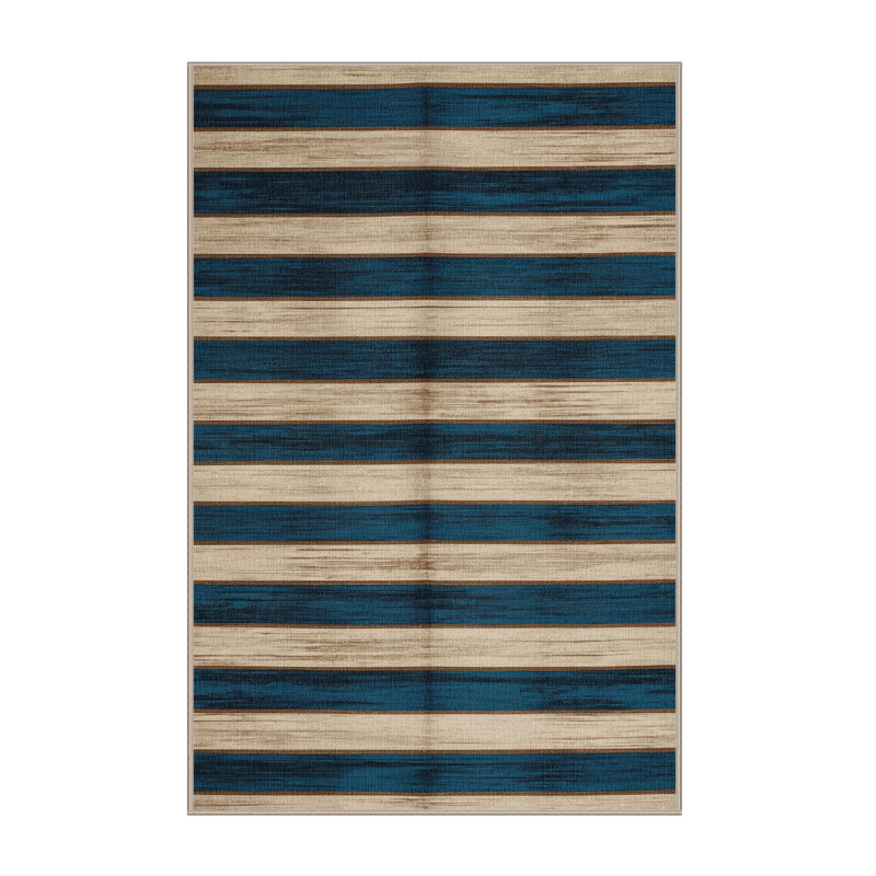 Tapis rayé crème et bleu en acier , Tapis de couloir 2 pi x 4 pi