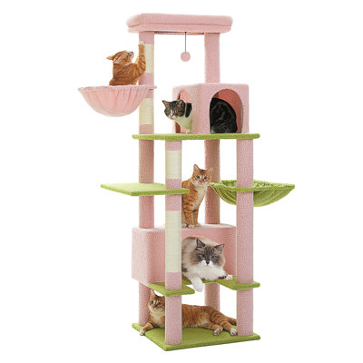 Arbre à chat de 66 po pour chats d'intérieur, tour de chat avec poteau à griffes recouvert de sisal, grand hamac en métal [20 po x 12 po] et 2 grands condos
