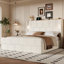Lit plateforme King Size avec tête de lit rembourrée et lampe de lecture, beige-388962072-388962079