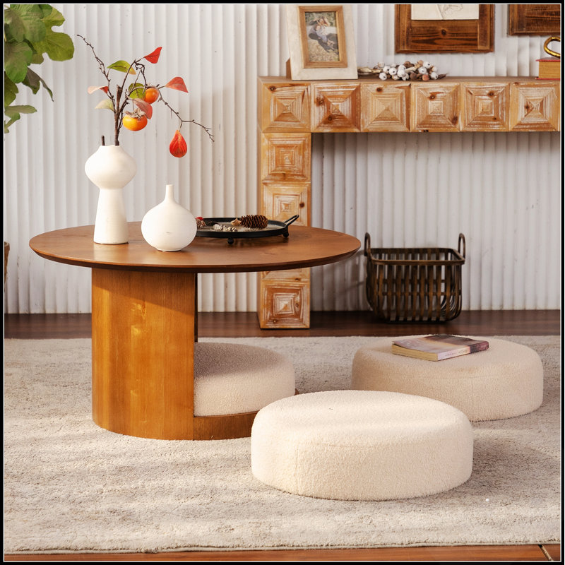 Table basse ronde en bois 31,5 po avec 3 tabourets gigognes en tissu Teddy, ensemble de table centrale multifonctionnel avec rangement caché pour le salon