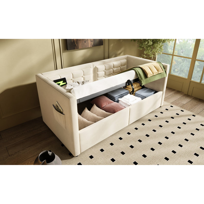 Upholstered Twin Daybed In Beige Velvet, Hydraulic Storage, Type - C Charging Bed Frame, Wooden Slats, And Back For A Peaceful Sleep Size Velvet With & Charging, Relaxing Bedroom Retreat