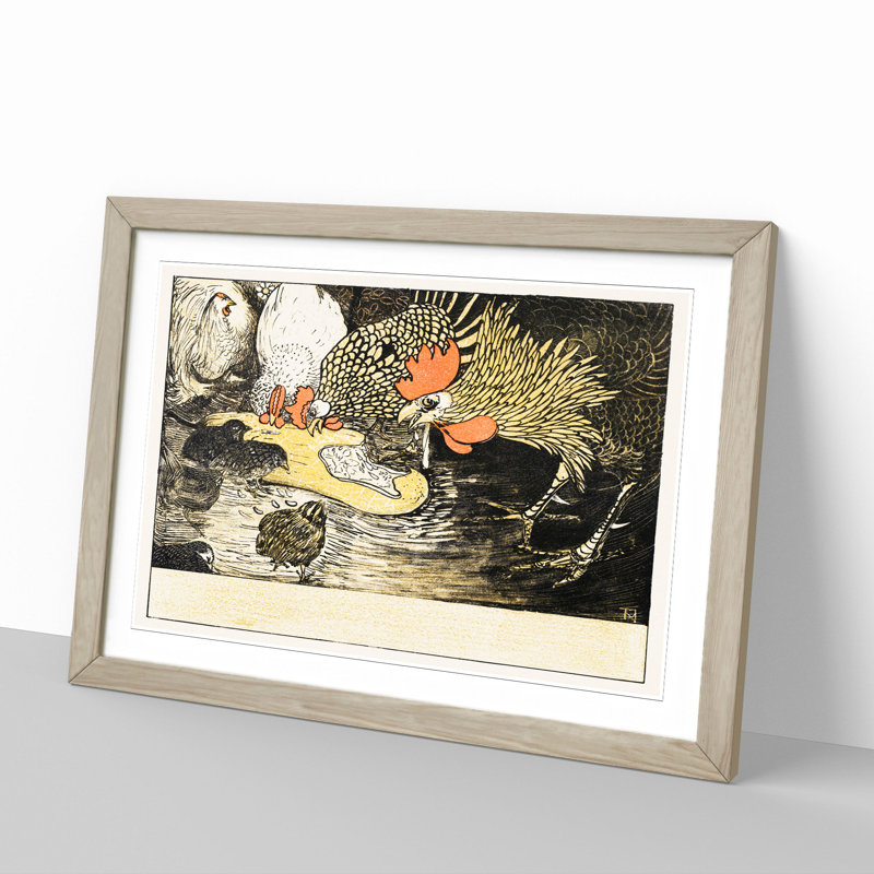 Roosters and Chicks by Theo Van Hoytema - Picture Frame Painting, Oak Framed, 48cm H x 65cm W x 2cm D