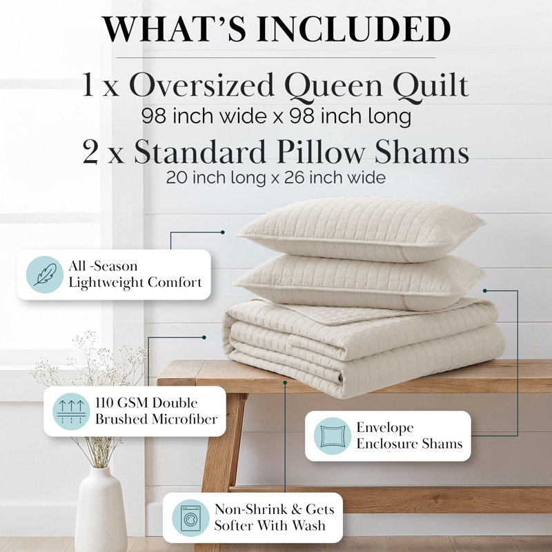 Southshore Fine Linens Vilano Oversized Quilt Set, Double-Brushed Microfiber Lightweight Quilted Bedding and 2 Pillow Shams, Full/Queen, Natural Beige