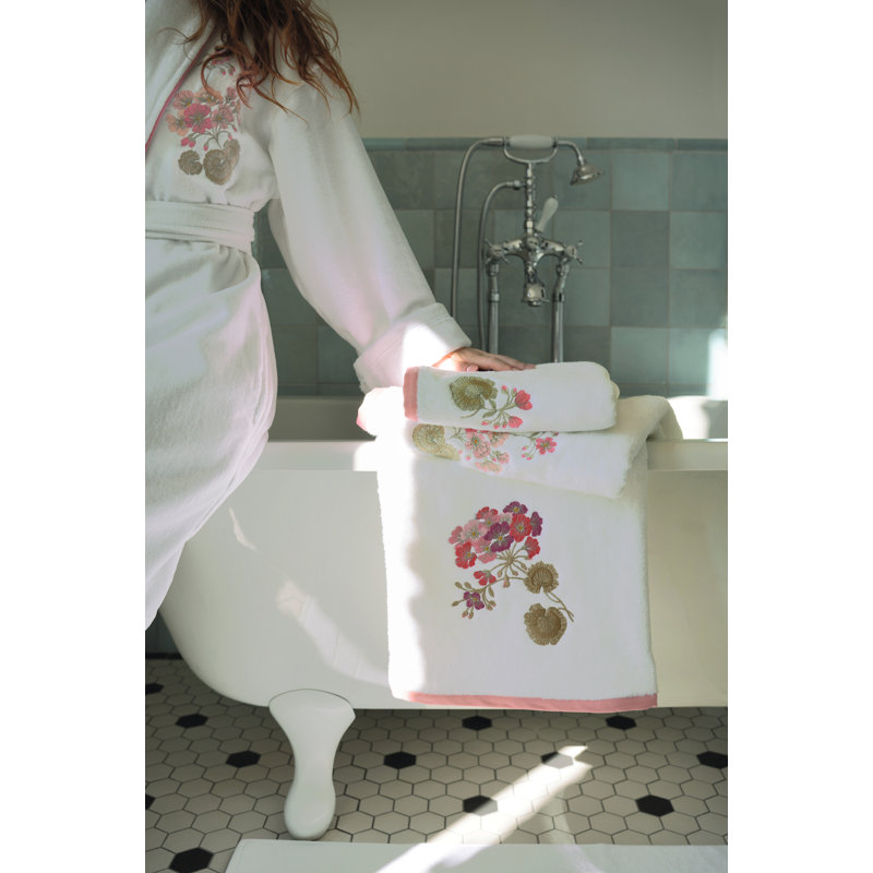 Flânerie Hand Towel, White towel with multicolor embroidery, Geranium flowers and foliage, Flânerie Bath towel