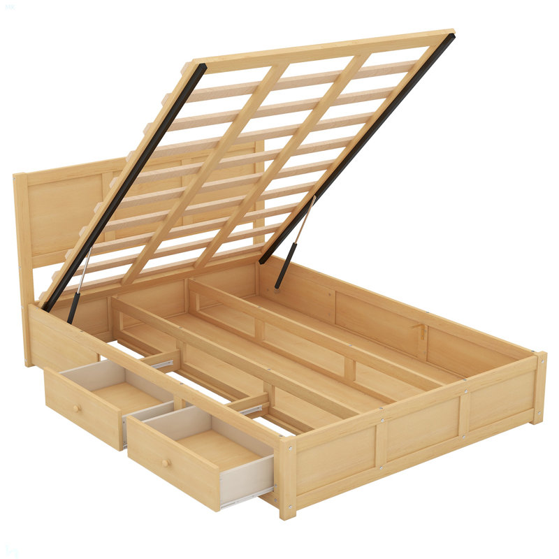 Lit plateforme double en bois avec rangement inférieur et 2 tiroirs, Double