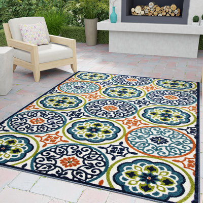 Tapis intérieur / extérieur en polypropylène touffeté à la machine géométrique bleu