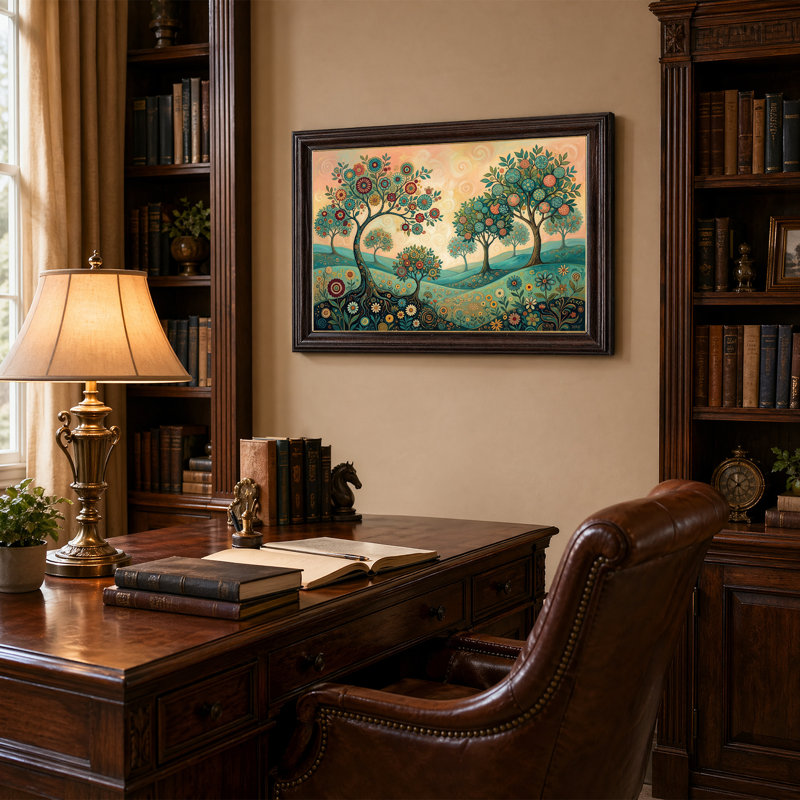 «Teal and Orange Stylized Trees on Rolling Hills Landscape», art mural sur toile, 16"H x 24"W