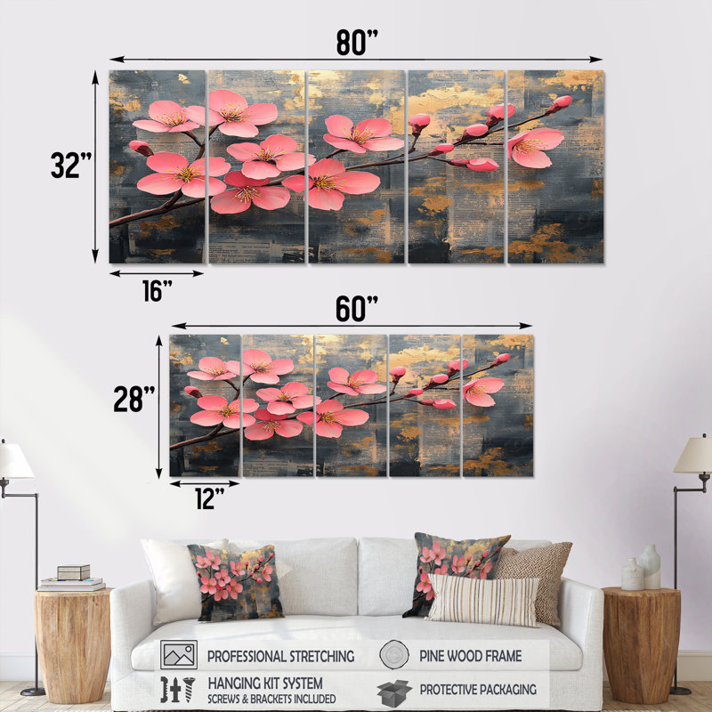 «Pink and Gold Spring Cherry Blossom II», ensemble d'art sur toile Cherry Blossom, H 28 po x l 60 po
