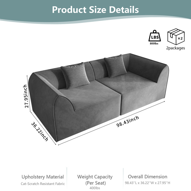 Canapé-lit à 2 places avec mousse à mémoire de forme compressée avec coussin, dossier incurvé et tissu résistant aux rayures pour la chambre à coucher ou la chambre d'amis