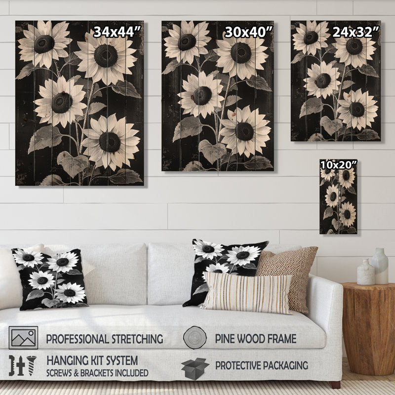 Midnight Sunflowers Beauty - Art mural en bois tournesols - sur bois de pin naturel, H 32 po x l 24 po x P 0,78 po