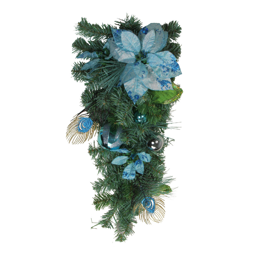 22" Peacock Feather and Poinsettia Artificial Christmas Teardrop Swag Unlit Northlight Seasonal