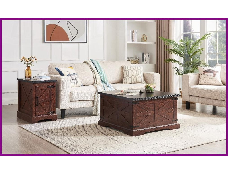 Table basse Farmhouse Barn & amp; Ensemble de tables de bout - Grand rangement caché, facile à assembler pour le salon