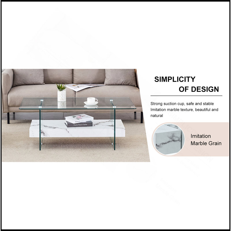 Table basse Kaiser avec plateau en verre et rangement double couche, Blanc