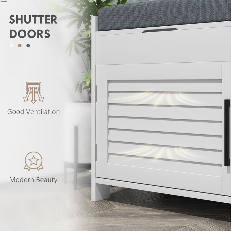 White Entryway Shoe Storage Bench with Gray Cushion and Shutter Doors
