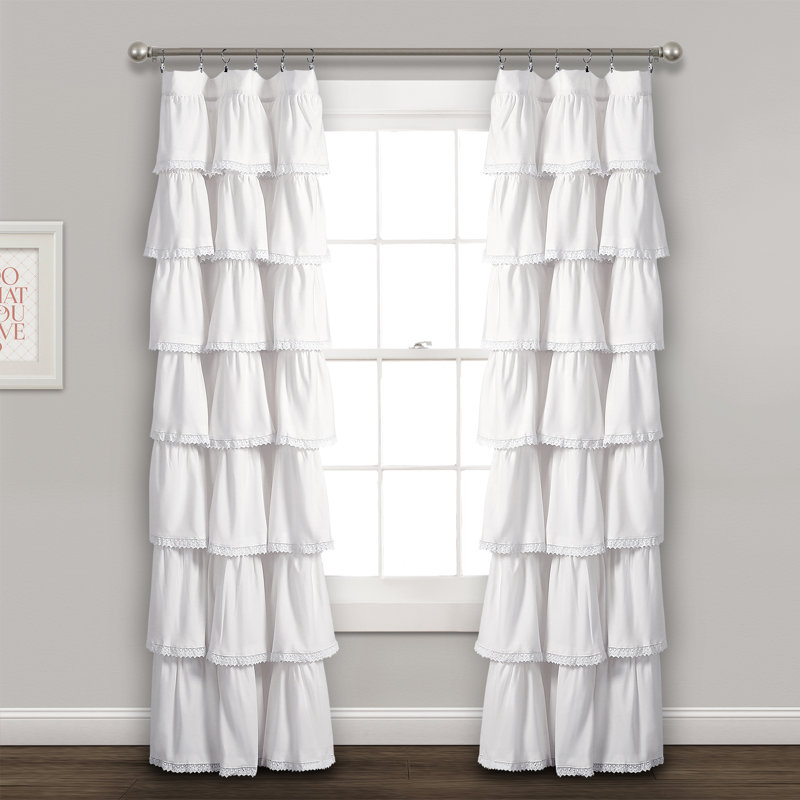 Lace Ruffle Semi Sheer Curtain Single Panel, White