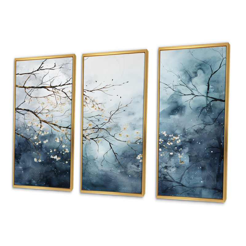«Winter Tree Minimal Landscape II - Snow», ensemble d'art mural, Cadre flottant doré, H 40 po x l 60 po x P 1 po