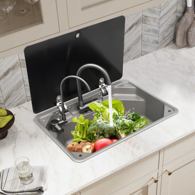 Lavabo en acier inoxydable avec robinets pliés et couvercle en verre trempé