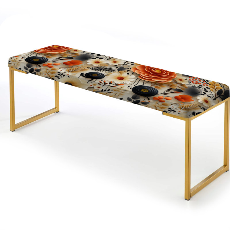 Black & Beige Boho Chic Floral Pattern - Floral Upholstered Gold Bench