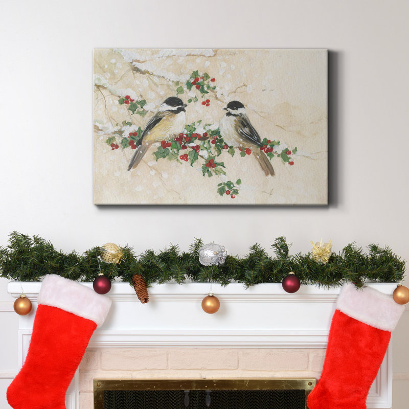 Chickadees and Holly, toile tendue avec châssis de qualité supérieure - prête à être accrochée, H 18 po x l 12 po x P 1 po