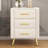 Upholstered Wooden Nightstand With 3 Drawers And Metal Legs&Handles, Bedside Table With Marbling Stickers Worktop - Beige-419460624