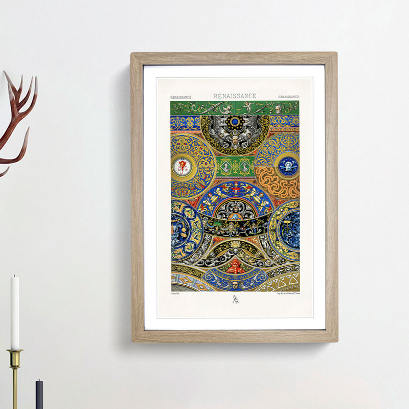 Renaissance Themed Pattern by Albert Racinet - Picture Frame Painting Print, 48cm H x 36cm W x 2cm D, Oak Framed