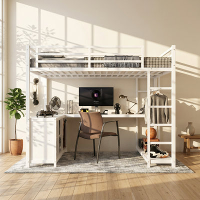 Lit mezzanine en métal avec bureau en forme de L et garde-robe l 56,6 po x P 76,7 po x H 68,8 po Bonwell