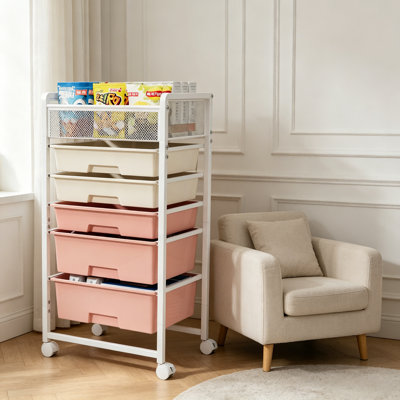 5 Tier Rolling Drawer Storage Cart with Mesh Top Compartment, Mobile Plastic Organizer Unit with Lockable Wheels, 2 Layouts and 2 Pastel Colour Options, Multi-Purpose Rolling Storage Cabinet for Bedroom Playroom Kitchen