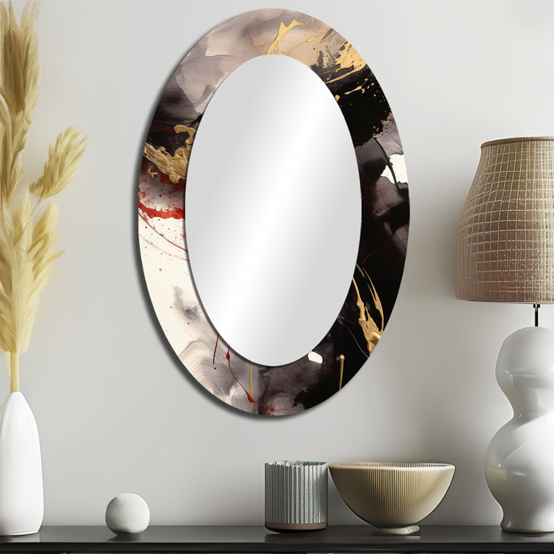 Gold And Red Fluid Fusion II - Gold Oval Wall Mirror Decor, 36" x 24"
