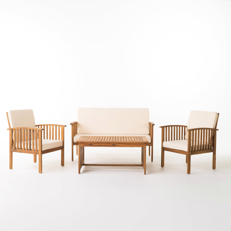 Wood 4Pc Side Yard Chat With -Blocking Cushions Front Porch Collection - Padding, Cream