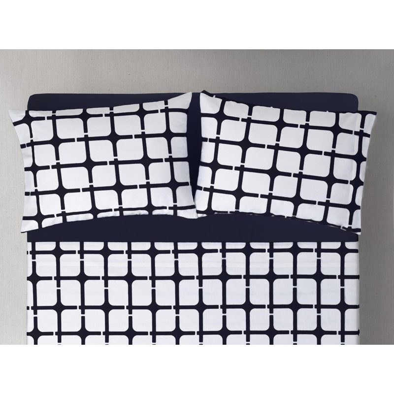 Geo Printed 2 Piece 100% Cotton Guest Room Pillowcase Case Pack, Queen, Navy