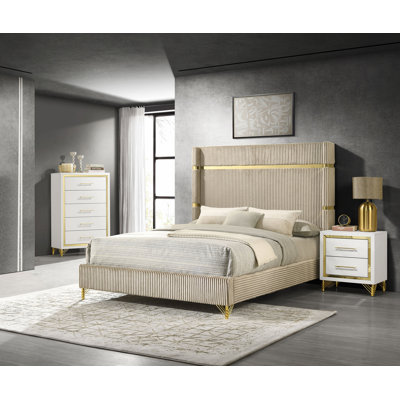 Ensemble de chambre à coucher grand lit 3 pièces Lucia beige et blanc