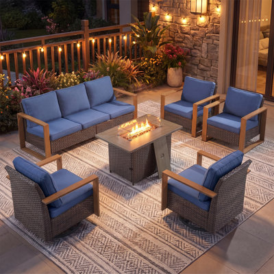 Aldiana 6-Piece Outdoor Conversation Set With Swivel Gliders And Fire Pit Table, 7-Person Wicker Patio Seating With Sofa And Armchairs