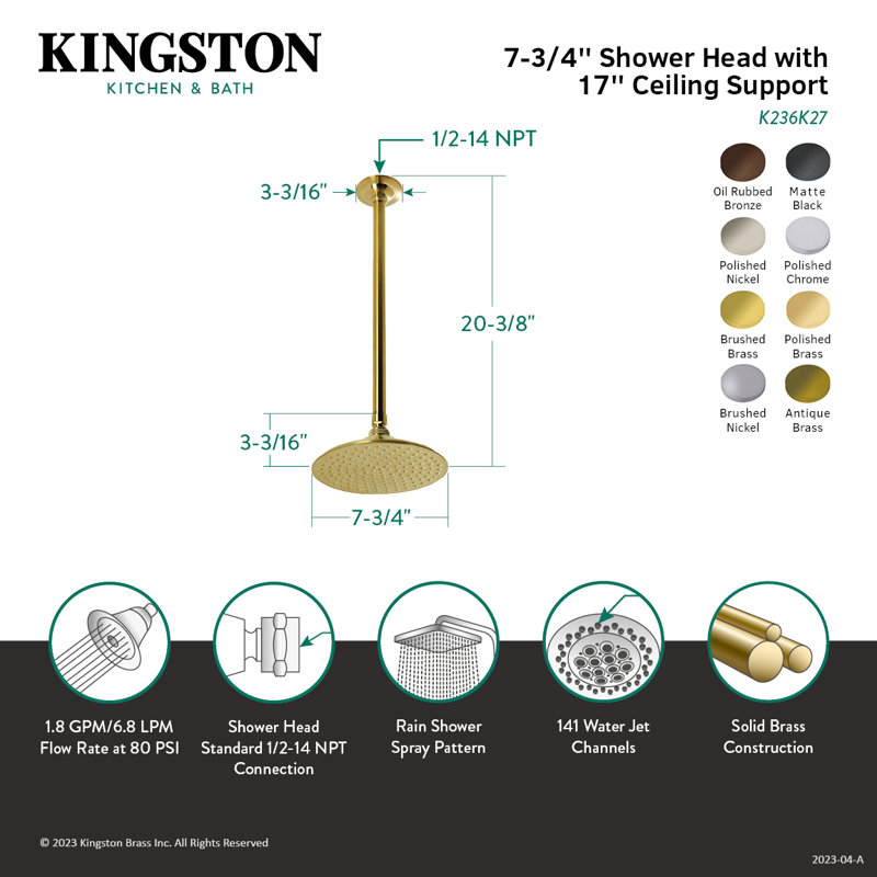 Kingston Brass Shower Scape 7-3/4-Inch Round Raindrop Brass Shower Head with 17-Inch Ceiling Mount Shower Arm