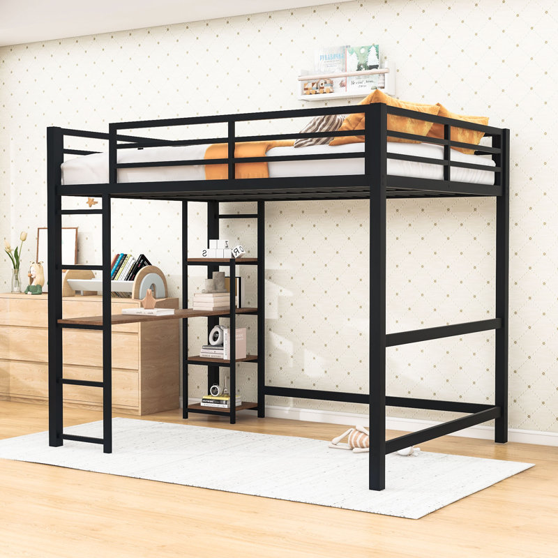Lit mezzanine double avec bureau d'étude et tablettes de rangement