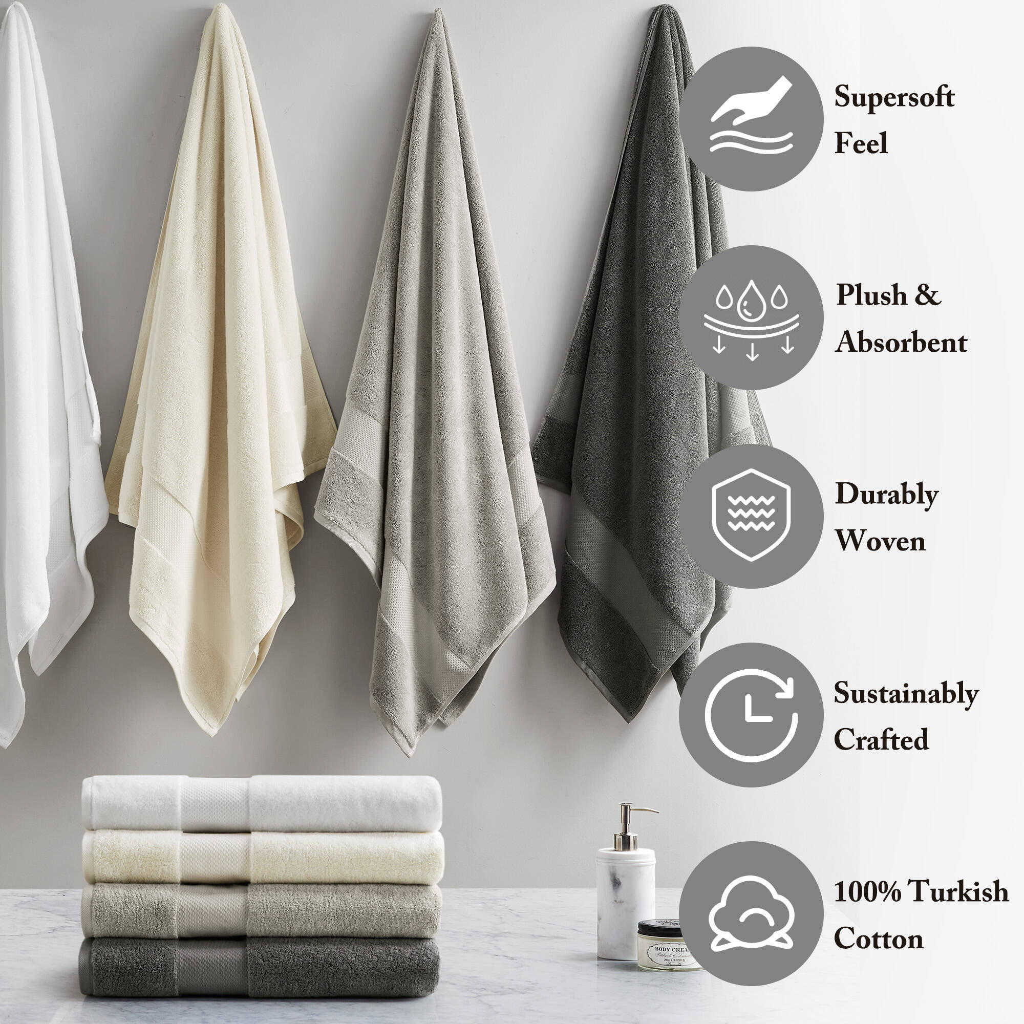 Turkish 100% Cotton Oversized Quick Dry Highly Absorbent Towel Set, Gray, 6 Piece Towel Set