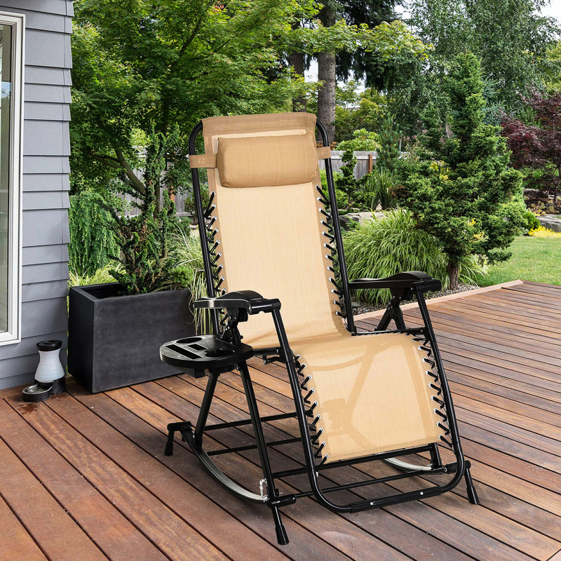 Chaise berçante pliante inclinable zéro gravité, avec coussin, porte-gobelet et téléphone pour l'extérieur Chillax, support à bascule beige, amusant
