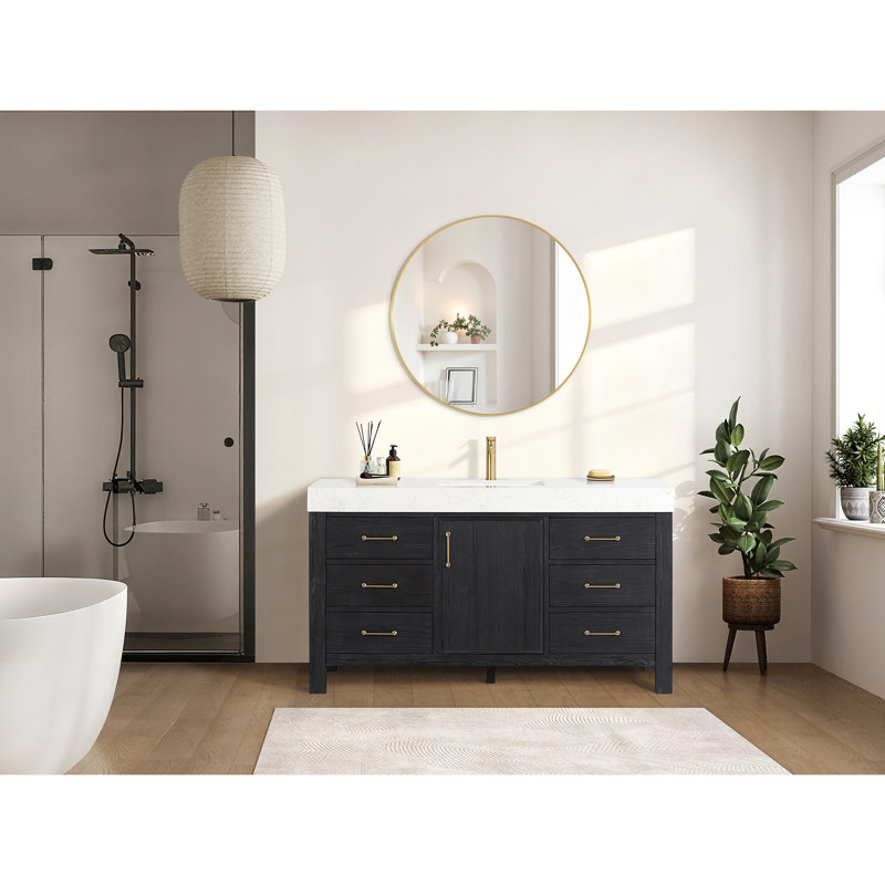 Leon 60'' Single Bathroom Vanity with Engineered Marble Top, White, Gold, Black