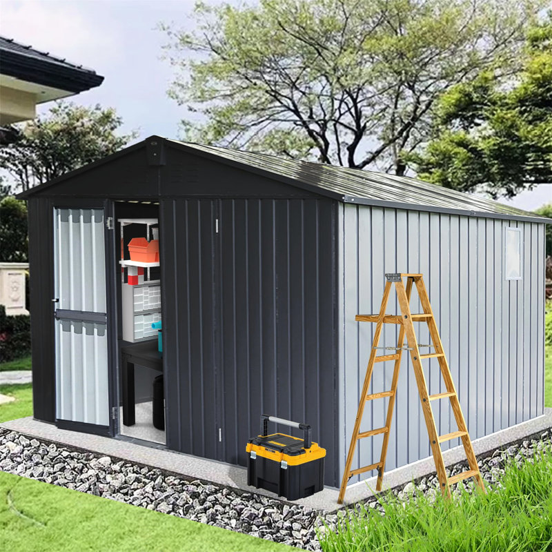 Remise de jardin en métal 11 pi x 12,5 pi, structure en acier galvanisé, fenêtres, porte verrouillable, grande remise de rangement grise 11 pi x 12,5 pi, serrure