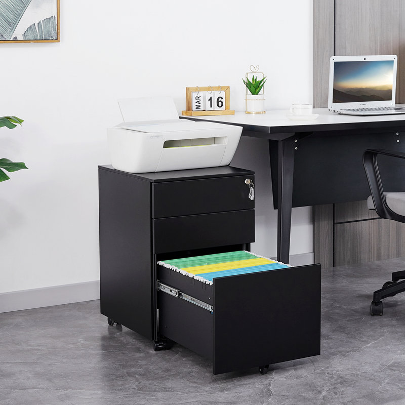 Armoire d'appoint mobile en plastique, classeur avec serrure et 3 tiroirs Kialie, Noir