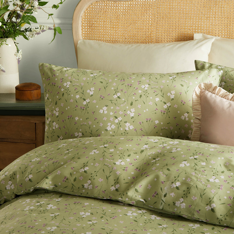 Bronte Cotton Floral Duvet Cover Set with Pillowcases, Green, Super King Duvet Cover + 2 Standard Pillowcases