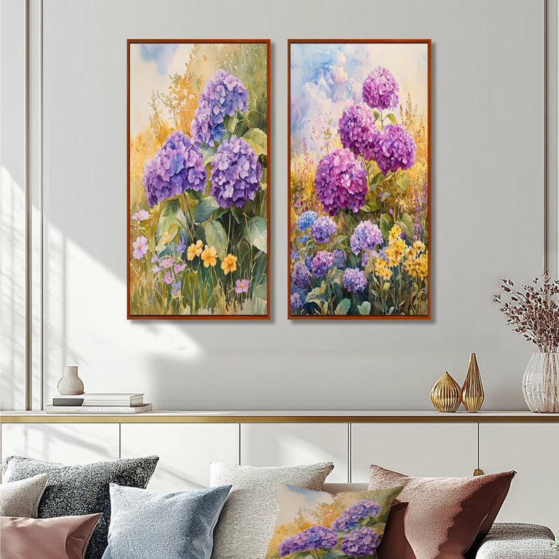Country hortensias et fleurs sauvages I - impressions sur toile florales 2 panneaux, H 28 po x l 25 po, Cadre flottant brun