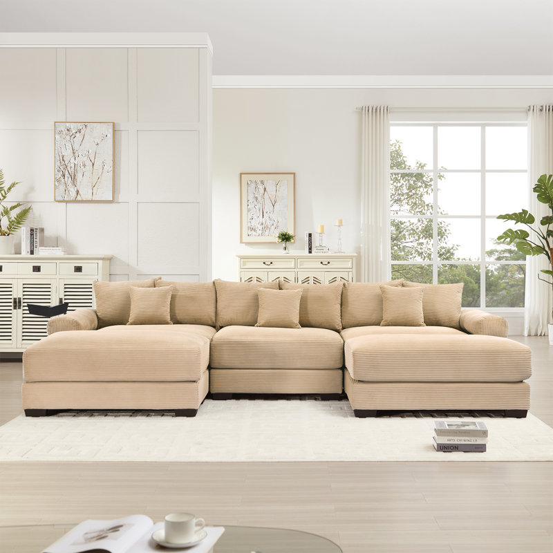 Cohette U-Shaped Corduroy Sectional Sofa with Ottomans & Throw Pillows, Camel Corduroy