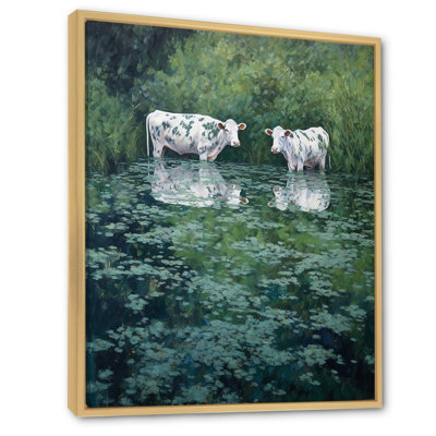 «Two White Cows In Pond Cottage Serenity», reproduction sur toile